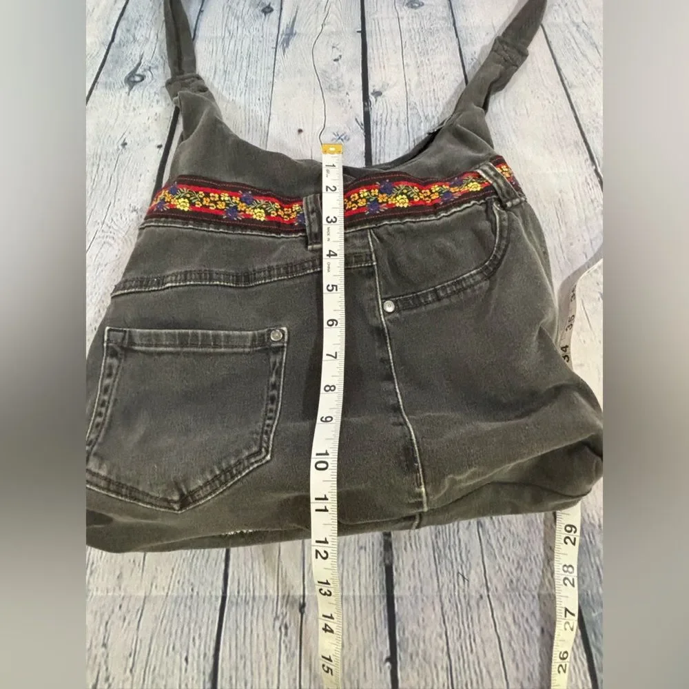 Handcrafted Black Denim Slouchy Hobo Embroidery Trim Upcycled Jean Bag Purse